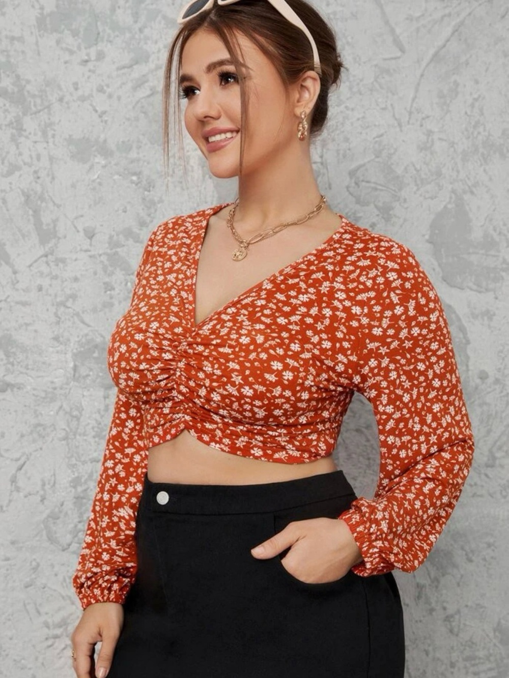 SHEIN orange & white floral long sleeve crop top 3XL floral boho cottagecore
